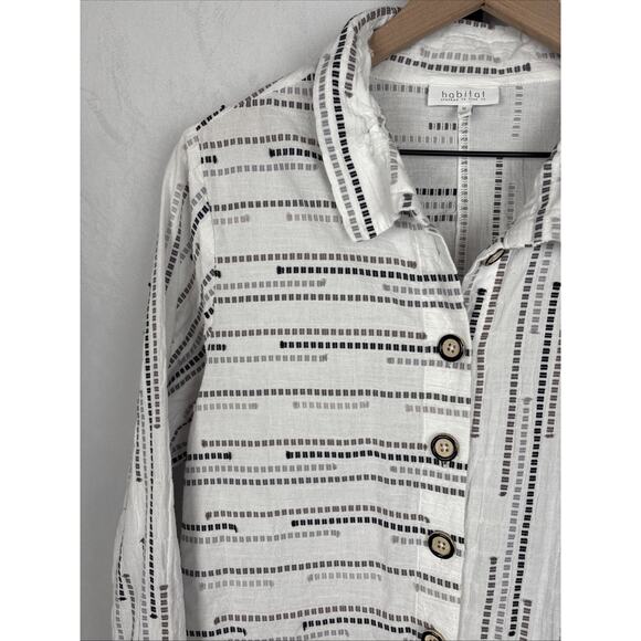 Habitat Button Down Shirt Women's Medium White Cotton Block Pattern Boho Artsy - Picture 3 of 13